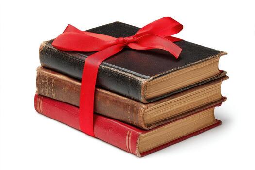 Stack of three aged books tied with a vibrant red ribbon, a perfect gift photo