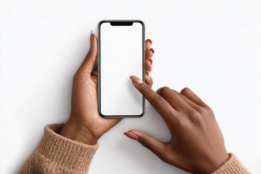 manos de color participación y conmovedor un teléfono inteligente con blanco pantalla, en un blanco superficie foto