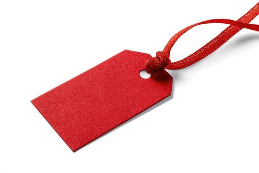 A bright red price tag hangs from a matching ribbon, casting a shadow against a white background photo