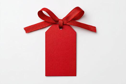 A red gift tag with a satin ribbon bow, on a bright white background, top view photo