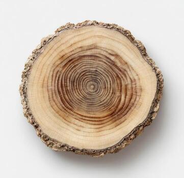 Overhead view of a cut tree trunk, showcasing rings and bark details, on a white background photo