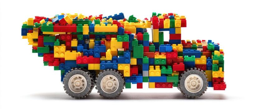 A colorful truck is made entirely of interlocking plastic bricks, set against a white background photo
