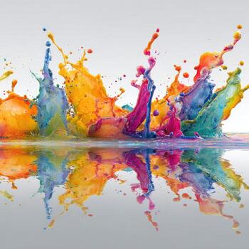 A vibrant, explosive display of colorful liquid splashes, mirrored below, on a white background photo