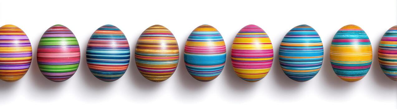 A row of colorful, striped Easter eggs on a white background with soft shadows photo