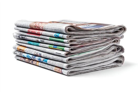 A stack of folded newspapers with colorful pages sits on a white surface photo