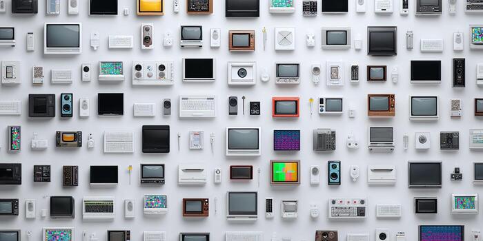 A collection of electronic devices, small screens and buttons, arranged on a white surface photo