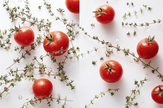 Overhead shot of ripe red tomatoes and green herbs scattered on a white surface photo
