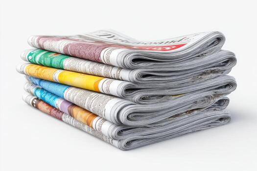 A stack of folded newspapers showcasing various colored edges against a white background photo