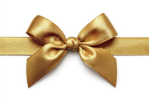 A close-up shot of a shiny gold satin bow tied on a matching ribbon, against white photo