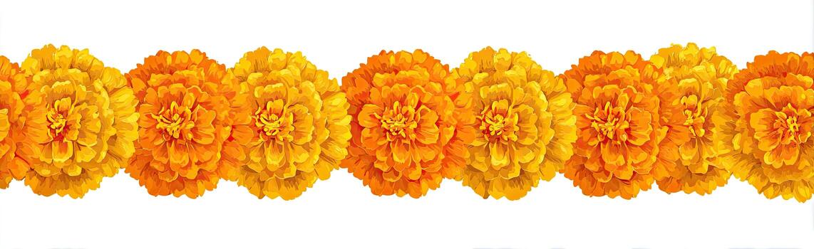 A horizontal string of vibrant orange and yellow marigold flower heads, closely packed photo
