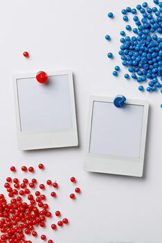 Two blank instant photo frames with red and blue pushpins and piles of pushpins on white