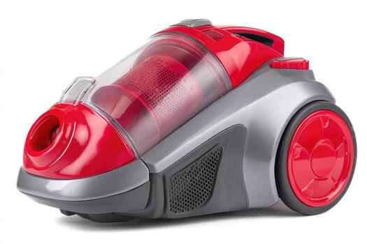 Red and gray canister vacuum cleaner with transparent dust container, isolated on white photo