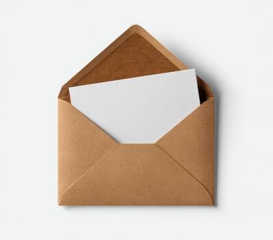 A top-down view of a brown envelope with a blank white card inside, on a white surface photo