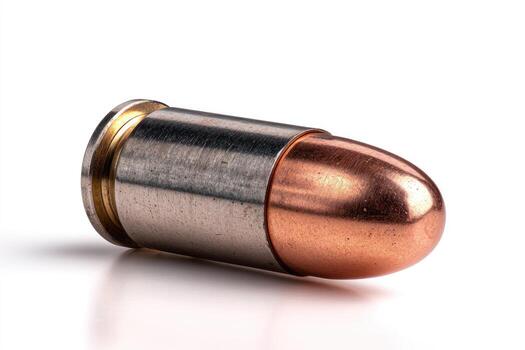 Close-up studio shot of a single bullet, featuring a copper tip, metallic casing, and brass base photo