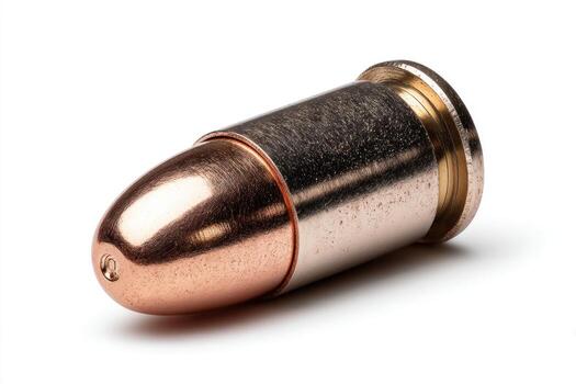 Close-up of a single bullet, showcasing its copper-colored tip and brass casing against white photo