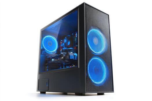 Black PC case with blue illuminated fans, windowed side panel, and components visible photo