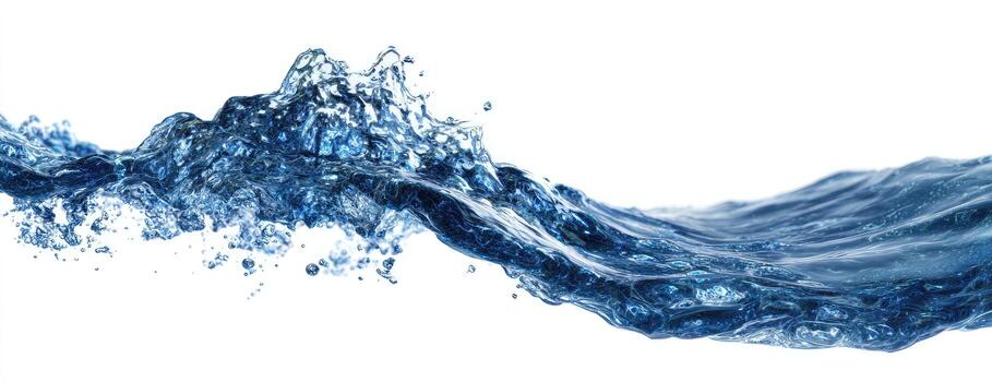 An image showing dynamic blue water. A wave crests and moves fluidly against a white background photo