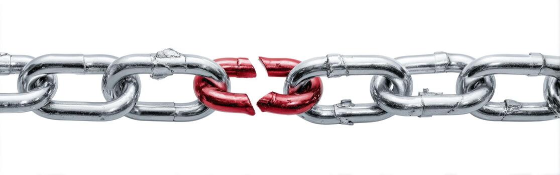 A metallic chain, partially broken with a red, damaged link, set against a white background photo