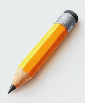 A sharpened pencil with a gray eraser and an orange wooden body rests on a white surface photo