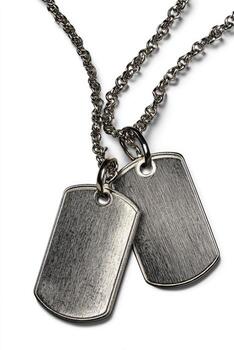 Close-up of two metallic dog tags on a delicate chain, isolated on a white background photo