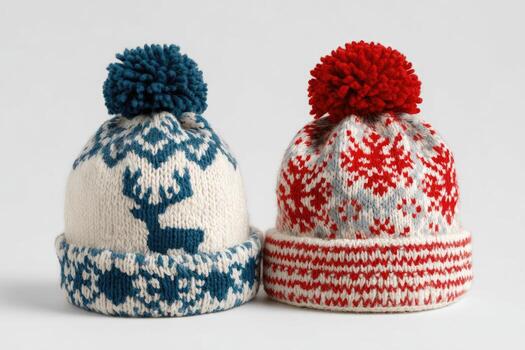 Two knitted winter hats with pom-poms, patterned in white, blue, and red colors photo