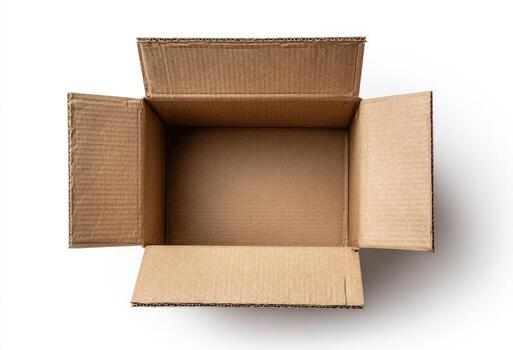 Overhead view of an open, empty, rectangular cardboard box, with flaps extended photo