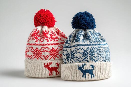 Two matching winter hats with pom-poms, intricate patterns and deer emblems photo