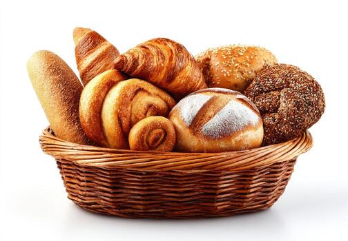 A wicker basket overflowing with assorted baked goods like rolls, croissants, and loaves photo