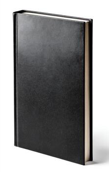 Vertical shot of a hardback book with a plain black cover, isolated on white background photo