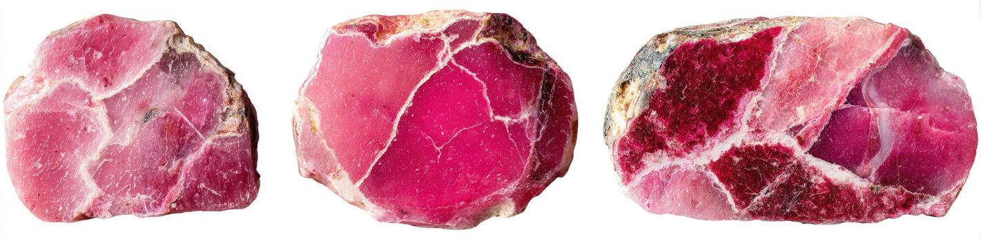 Tres bruto, de color rosa piedras con visible cristalino estructuras y blanquecino fisuras foto