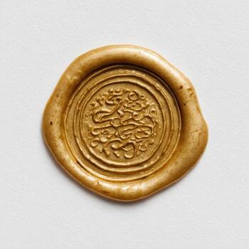 Close-up view of a gold wax seal with intricate raised circular design on white background photo