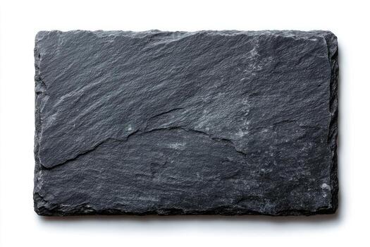 Top-down view of a rectangular, textured gray slate serving board on a white background photo