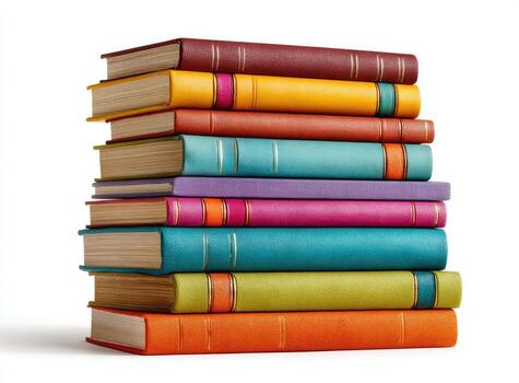 A stack of colorful hardcover books with varied spine colors, arranged against white photo