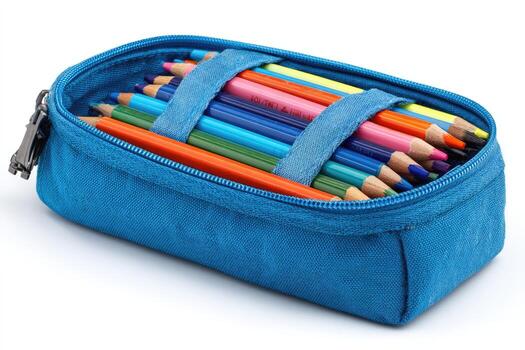 A close-up view of a blue pencil case opened, filled with colorful, sharp pencils photo