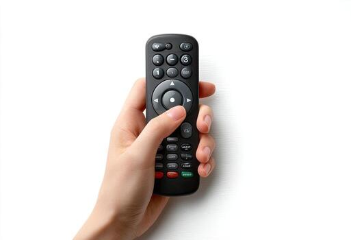 mano participación un negro remoto control, prensado un botón, aislado en blanco foto