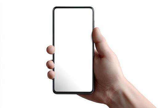 A hand holding a smartphone with a blank, white screen against a stark white background photo