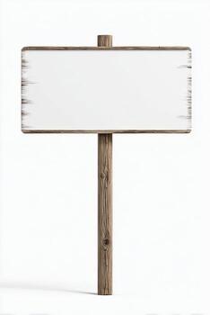 Weathered wooden sign with blank white surface on a single post against a white background photo