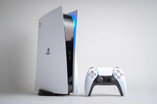 A white gaming console, vertically positioned, and controller set against a light gray backdrop photo