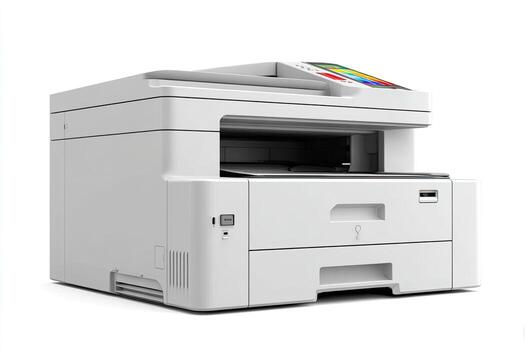 White multifunction office device with document feeder, control panel, and paper trays photo