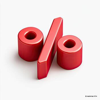 A bright red, three-dimensional percentage symbol rendered on a white background photo