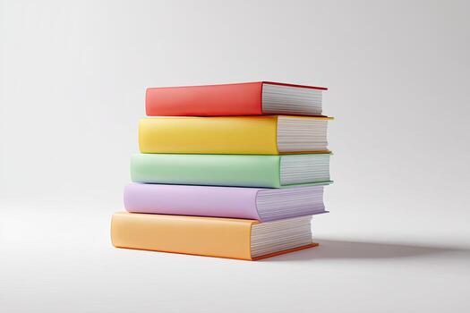 A vibrant stack of five hardcover books, each with a different bright color, on white backdrop photo