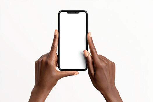 Dark skinned hands holding a blank screen phone against a white background, showing the device photo