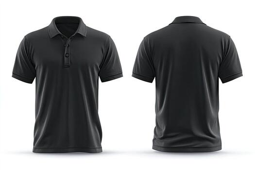 A front and back view mockup of a dark gray, collared, button-down short-sleeved shirt photo