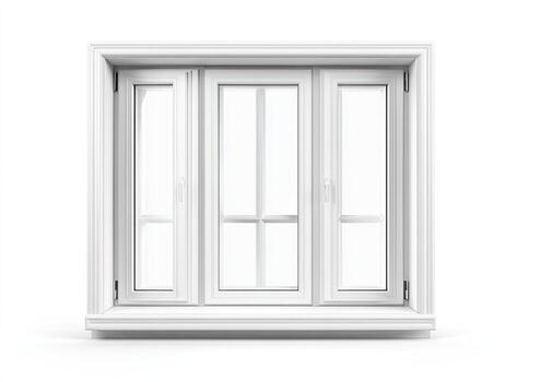A white, three-panel window with a sill and surrounding frame, isolated on white photo