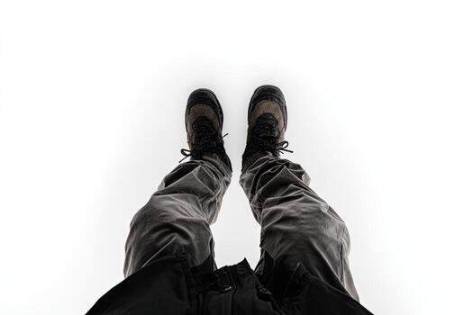 View from above of person's legs and boots, against a white background photo
