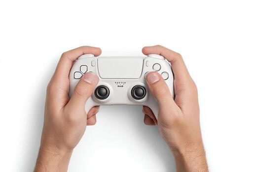 Person's hands hold a modern white controller. Central focus on the device, isolated on white photo