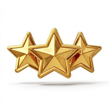 Three stylized, golden stars, slightly angled, with soft shadows, on a white background photo