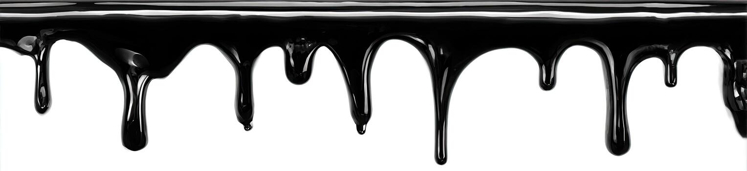 A stark image showing dark liquid dripping from the top against a white background photo