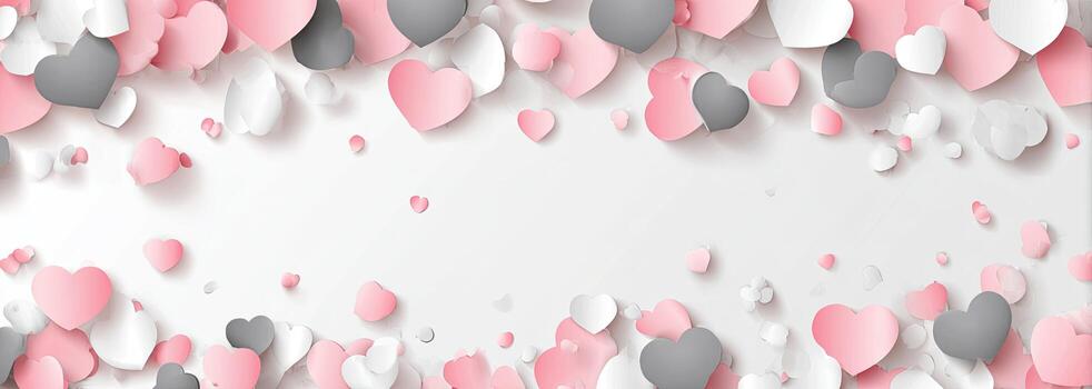 White background adorned with floating hearts in pink, gray, and white colors, creating a romantic feel photo
