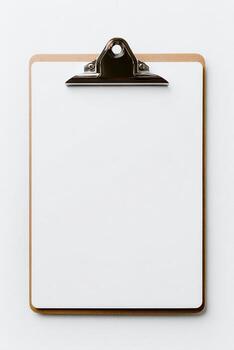 An overhead view of a blank wooden clipboard with a metal clip, set against a white background photo